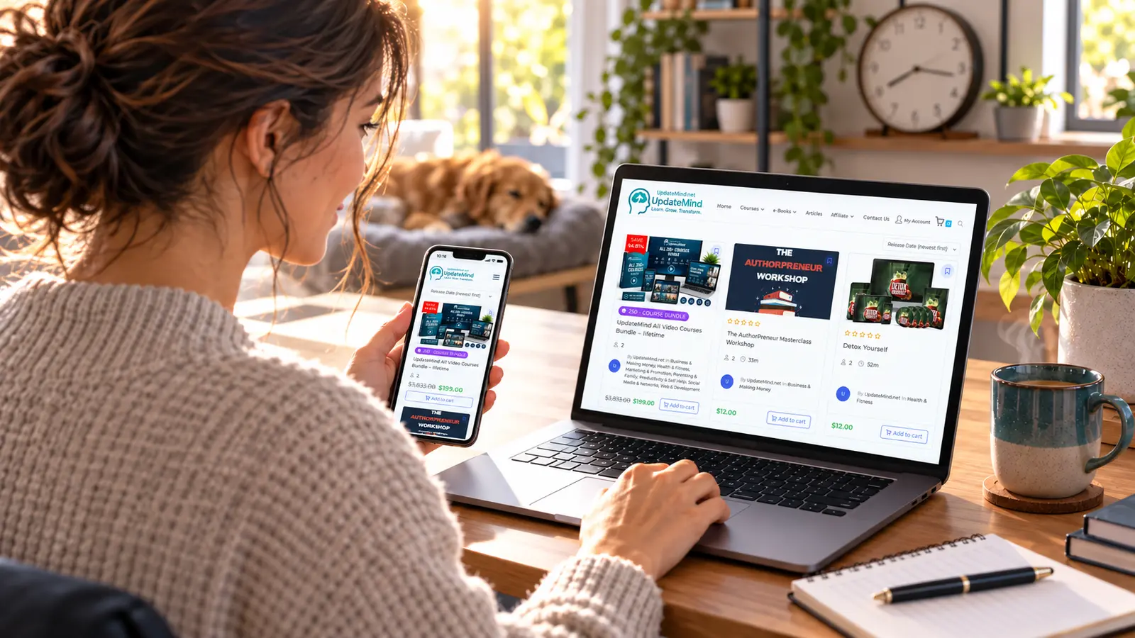 Adult learner studying online at a flexible home workspace