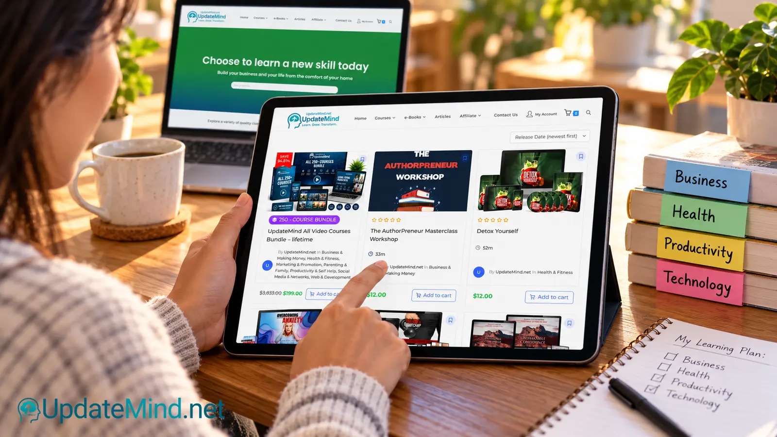 Person browsing UpdateMind online courses on a tablet, with business, health, productivity and technology categories shown on the screen.