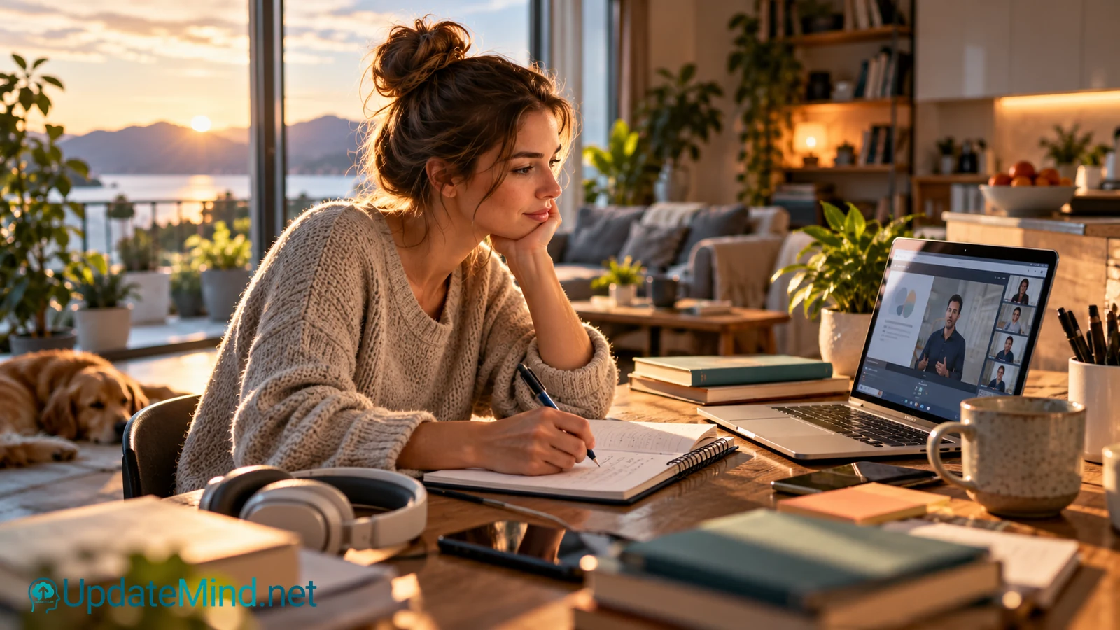 Adult learner studying online at a flexible home workspace