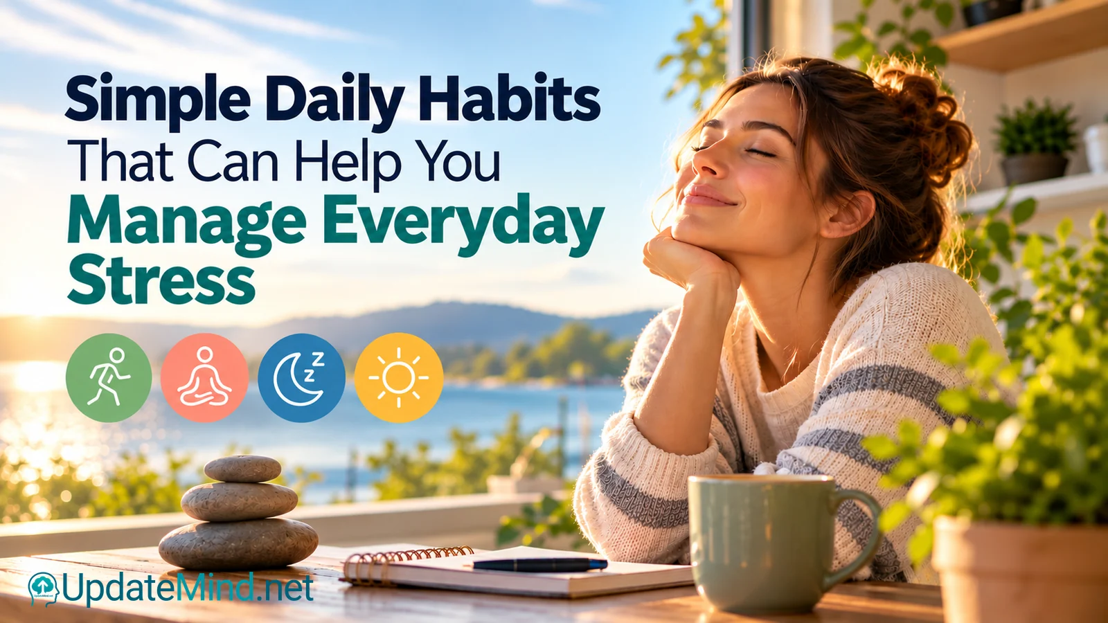 Woman resting by a lake beside icons for walking, meditation, sleep and sunlight, with the article title about everyday stress