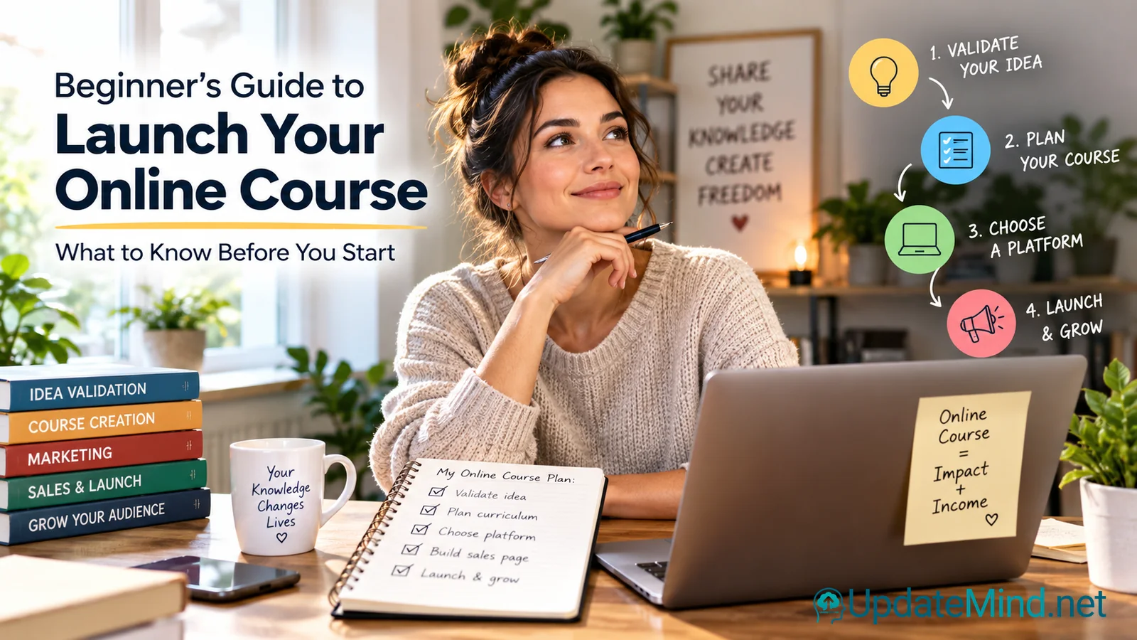 Woman planning an online course beside a laptop, notebook and launch steps