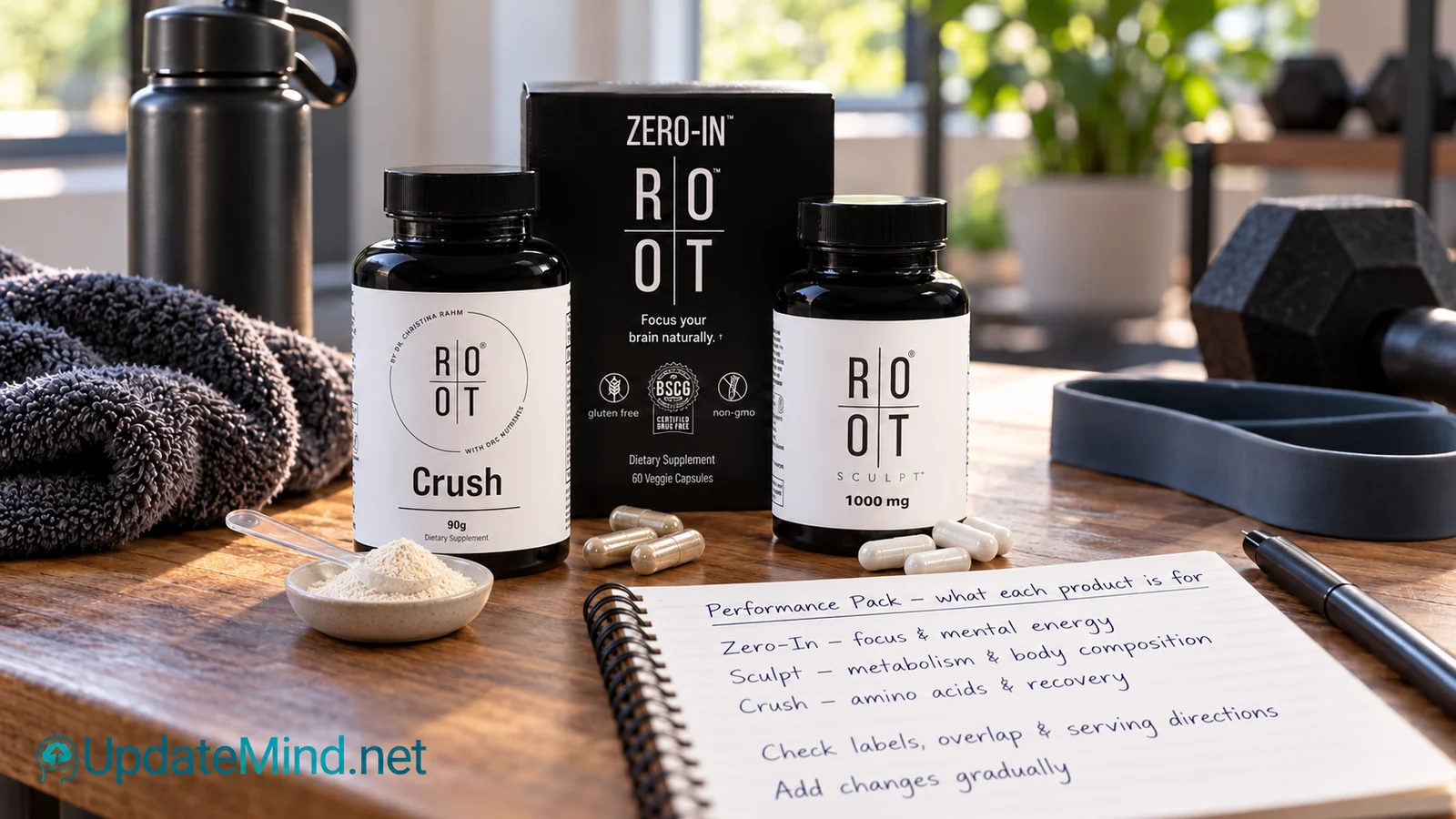 ROOT Performance Pack with Zero-In, Sculpt and Crush supplement containers, capsules and a handwritten routine guide.