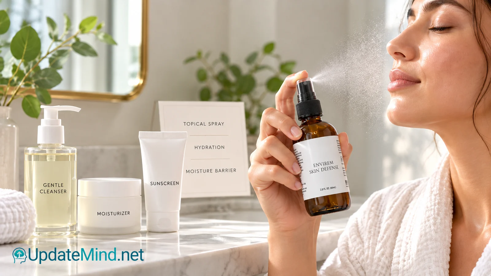 Woman applying Envirem Skin Defense spray beside cleanser, moisturizer and sunscreen in a bright bathroom setting.