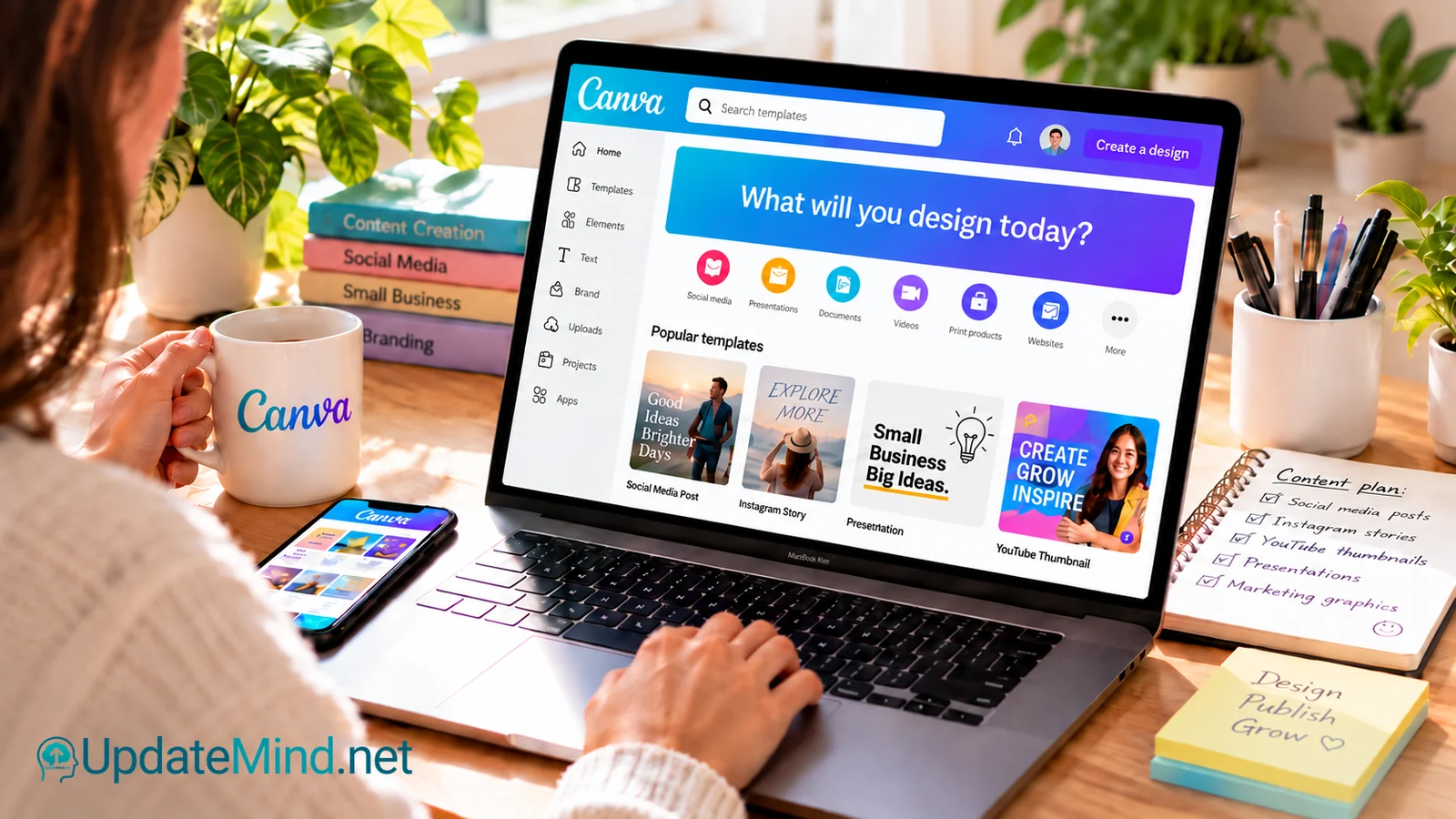 Small-business owner organizing a focused Canva content system with brand assets and reusable social templates