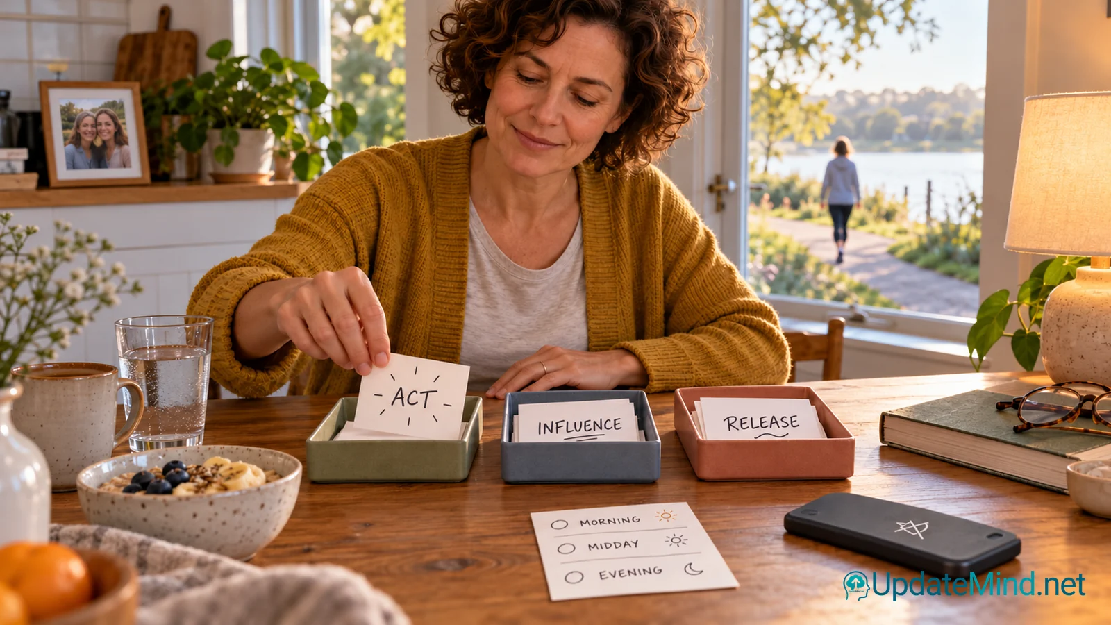 A woman organizing daily habits with action, influence, and release cards